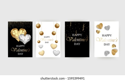 Valentine's Day posters with hanging golden and silver 3d balls and hearts. Vector illustration. Black and gold geometric ornaments