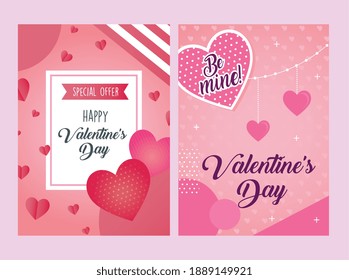 valentines day posters letterings with hearts vector illustration design