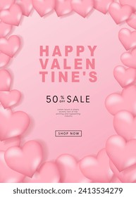 Valentine's day posters set. 3d hearts with place for text. Romantic sale banners templates, vouchers or invitation cards. Vector illustration.