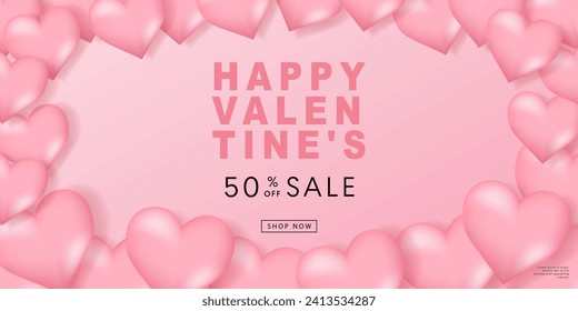 Valentine's day posters set. 3d hearts with place for text. Romantic sale banners templates, vouchers or invitation cards. Vector illustration.