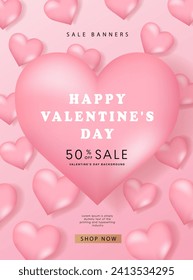 Valentine's day posters set. 3d hearts with place for text. Romantic sale banners templates, vouchers or invitation cards. Vector illustration.