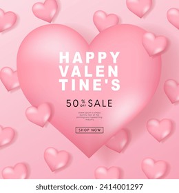 Valentine's day posters set. 3d hearts background with place for text. Romantic sale banners templates, vouchers or invitation cards. Vector illustration.