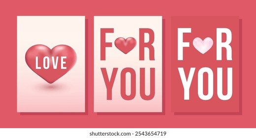 Valentine's day posters set. 3d red hearts. Conception for greeting cards, banners, posters, flyers.