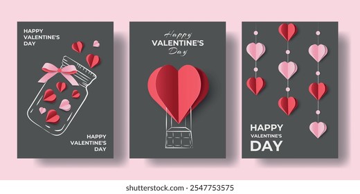 Valentine's Day Posters Set with 3D Red and Pink Paper Cut Hearts and Modern Trendy Typography. Vector illustration Design Template for Iove Greeting Card, Web, Social Media, Advertising, Stories.