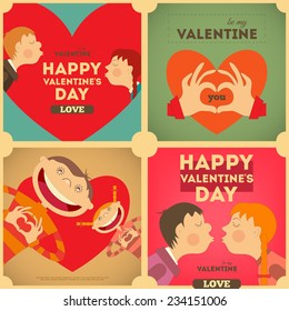Valentines Day Posters Set in Cartoon Style. Square format. Vector Illustration.