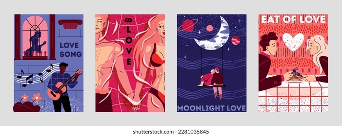 Afiches del día de San Valentín. Colección de elementos de diseño para tarjetas postales de felicitación. Amor, romance y relaciones. Pareja en cita. Ilustraciones de vectores planos de dibujos animados aisladas en fondo gris
