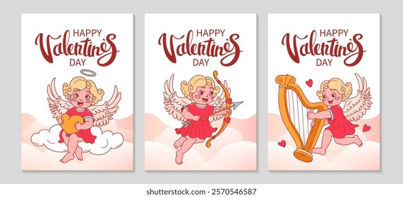 Valentines day posters set. Cute cupid with bow and arrow collection greeting Cards. Bright, romantic background. Valentine's day doodle character, lettering. Amour Baby Angel. Vector illustration.