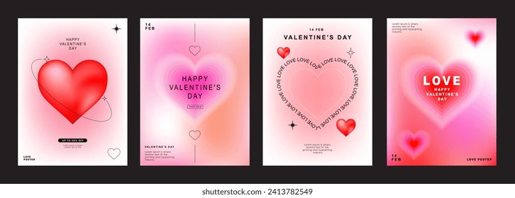 Afiches del día de San Valentín. Gradiente corazones con lugar para el texto. Pancartas románticas de venta plantillas, vales o tarjetas de invitación. Ilustración vectorial.