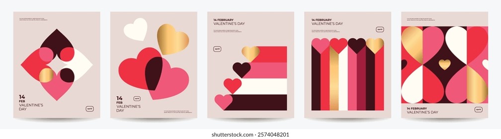 Valentine's Day posters set, greeting card, cover, label, sale promotion templates, geometric pattern background.