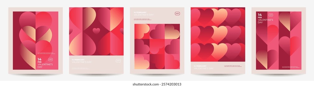 Valentine's Day posters set, greeting card, cover, label, sale promotion templates, geometric pattern background.