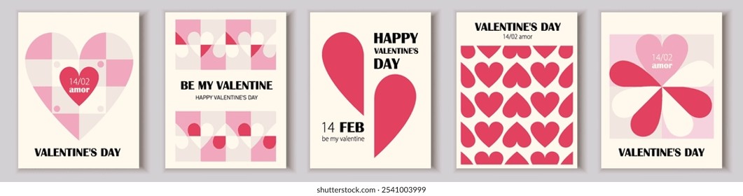 Valentines day posters set. Pink hearts. International holiday February 14th. Love and romance. Greeting postcard templates. Flat vector collection isolated on white background