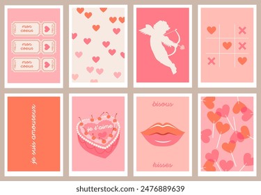 Valentine's day posters set. Romantic gallery wall art. Cute pink and red prints. Love theme retro aesthetic backgrounds.