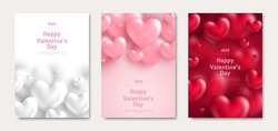 Valentine's Day Posters Set. Vector Illustration. 3d Red, White And Pink Hearts With Place For Text. Cute Love Sale Banners, Vouchers Or Greeting Cards