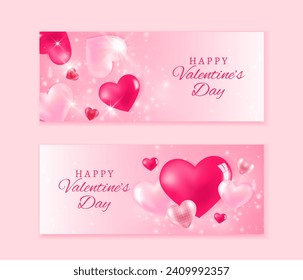 Afiches del día de San Valentín. Ilustración vectorial. rojo, y los corazones de globo rosado con lugar para el texto. Banners de venta de amor, vales o tarjetas de felicitación