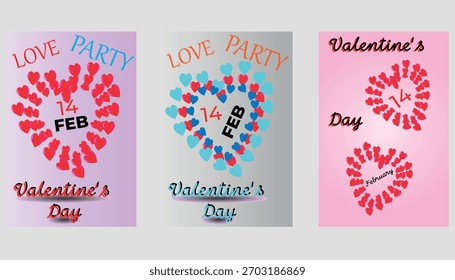 Valentine's Day posters set. Vector collection of romantic banners, flyers, or greeting cards. Holiday templates with hearts, love typography, and cute illustrations.
