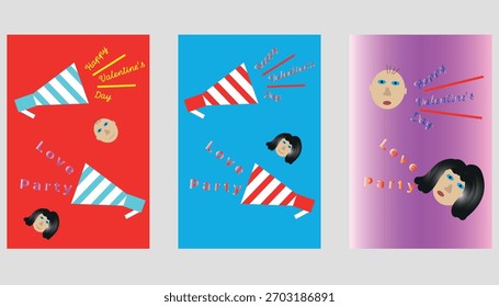 Valentine's Day posters set. Vector collection of romantic banners, flyers, or greeting cards. Holiday templates with hearts, love typography, and cute illustrations.