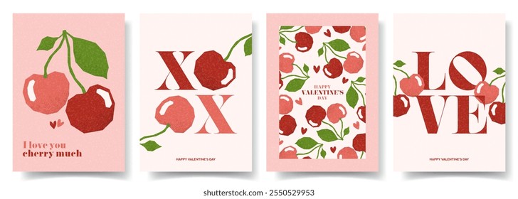 Valentine's Day posters templates. Concept of vector cards with stylized cherries, hearts, typography design. Trendy art minimalist flyers for party banner, flyer, celebration, ads, branding, cover.