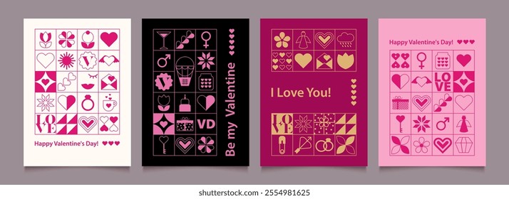 Valentines Day posters templates. Minimalist geometric backgrounds with vintage elements. Modern pattern with simple flat design elements for greeting card, invitation. Trendy vector illustration.
