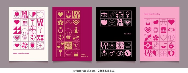 Valentines Day posters templates. Minimalist geometric backgrounds with vintage elements. Modern pattern with simple flat design elements for greeting card, invitation. Trendy vector illustration.
