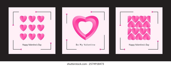 Valentines Day posters templates set. Minimalist gradient hearts pattern y2k style. Pink backgrounds with geometric elements. Modern design for banner, invitation, card, cover.
