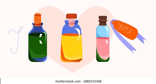 Afiche del día de San Valentín.Tres viales coloridos con amour potion.Anagram Te amo.Jarras de vidrio con corchos.Plantilla vectorial para tarjeta romántica o banner del sitio web.Celebración de festividades o citas.
