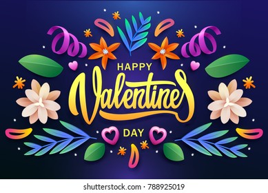 Valentine's Day poster.Typography.Vector illustration. Set of flowers and colored leaves.