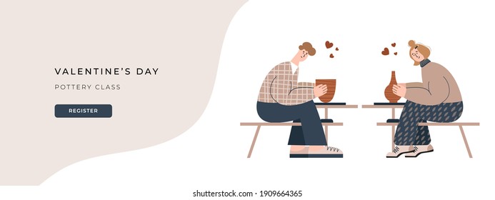 Valentine's day pottery class vector illustration. Website banner for ceramics studio. Flat vector illustration of a couple crafting pots. Romantic date idea. People in relationship on pottery class.