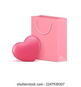 El día de San Valentín presenta sorpresiva bolsa de compras rosa corazón romántica celebración 3d icono gráfico vectorial realista. Regalo romance elegante aniversario de cumpleaños festividad celebración de compra oferta especial