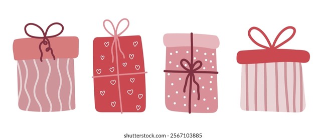 Valentine's Day presents set, gift boxes with ribbons, vector illustration in flat style