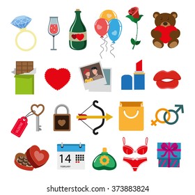 Valentines day presents and symbols flat icons on a white background