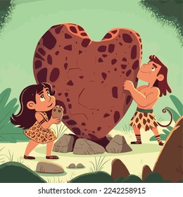 Valentine's Day in the primitive era. A man in the Stone Age, dressed in a mammoth skin, gives his beloved a large stone heart. This heart he pushes and rolls on the ground He sets it up as a sculptur