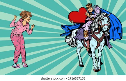 Valentines Day. A prince in love on a white horse galloped to a beautiful woman. Pop art retro vector illustration vintage kitsch 50s 60s style