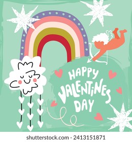 Valentine's Day print with colorful rainbow,cartoon cloud,grunge stars,hand lettering and Cupid with arrow.Funny greeting card with cute character and romantic elements.Vector hand drawn illustration.