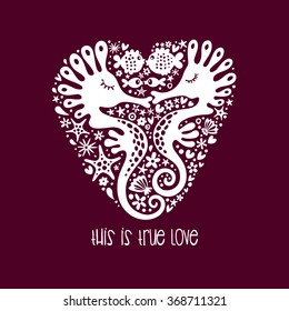 Valentine`s Day print. Cute sea horses and fish. Used for textile products, cards, interior design and so on.