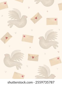 Valentine's Day Print. Cute Valentine Seamless Vector Pattern with Flying Doves, Hearts and Love Letters. Hand Painted Wallpaper With Pigeons, Envelope and Tiny Hearts on a Beige Background. RGB.