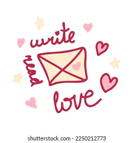 Impresión del día de San Valentín con sobre y texto leído, escribir, amar. Perfecto para pegatinas, tarjetas, tee. Ilustración vectorial Doodle para decoración y diseño.



