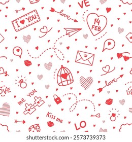 Valentine's Day Print. Happy Valentines Day Seamless Abstract Pattern. Valentines Day Holiday Elements. Doodle. Vector illustration in Red on White Background.