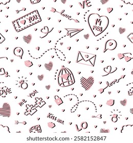 Valentine's Day Print. Happy Valentines Day Seamless Abstract Pattern. Valentines Day Holiday Elements. Doodle. Vector illustration in Pink, Black on White Background.