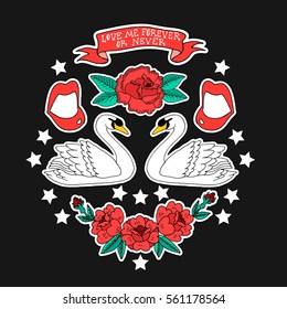 Valentines day. Print on tshirts and other materials. Set of stickers, pins, patches and handwritten notes collection in cartoon. Vector illustration