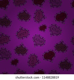Valentine':s day print, seamless hand craft expressive ink typography pattern. Love. Hipster funky painted style texture on purple, black, brown colors. Vector. Poster with different doodle letters.