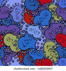 Valentine':s day print, seamless hand craft expressive ink typography pattern. Vector. Hipster funky painted style texture on blue, black and violet colors. Textiles or t-shirt design sample. Love.