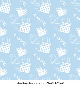 Valentines day print. Seamless pattern of different types of hearts and text with the word love