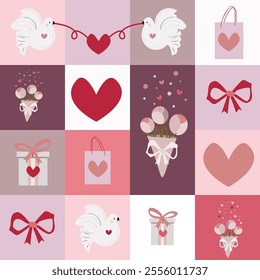 Valentine's Day print with square and rectangles of different tones of rose colors. Love, heart, bow, bouquet, gift, dove. 