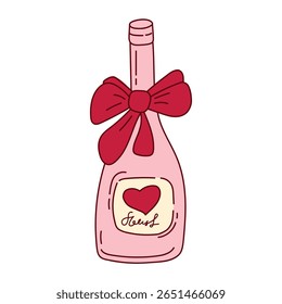 Valentine's Day print with wine bottle, hearts with ribbon and bow in coquette aesthetics. Vector illustration in doodle style. Trendy ideas for stickers, cards, invitations, diaries and scrapbooks.