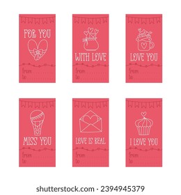 Valentines Day printable gift tags template in doodle style, hand-drawn love theme icons and quotes. Romantic mood, cute symbols and elements collection.