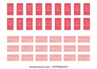 Valentines Day printable gift tags template in doodle style, hand-drawn love theme icons and quotes. Romantic mood, cute symbols and elements collection.