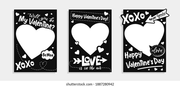 Valentine's Day printable photo booth templates in black and white colors.Will you be my Valentine photo templates backgrounds set.Happy Valentine's day photo booth props set.Vector illustration