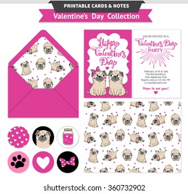 Valentines day printable set with funny pugs and lettering. Vector printable invitation cards, stickers and pattern.