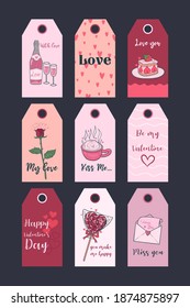 Valentine's Day printable tags collection. Festive set of stickers. Vector graphics.