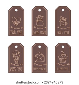 Valentines Day printable tags template in doodle style, hand-drawn love theme icons and quotes. Romantic mood, cute symbols and elements collection.